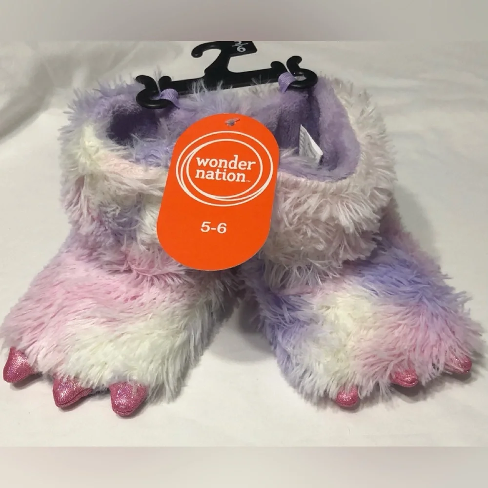 Wonder Nation Girls' Plush Pastel rainbow claw foot  Slippers - Size 5-6